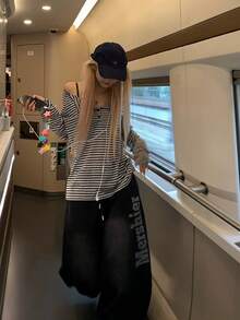 美式復古高端條紋拼色防曬長袖上衣 女款修身薄款內搭襯衫 夏季女裝上衣 黑色 - 黑色 - 查看 7