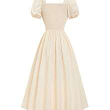 LunaCass8  Nuevo vestido largo elegante y femenino para mujer con cuello cuadrado estilo francés, decoración de lazo, mangas cortas, cintura ceñida y cordones en la espalda - Albaricoque - Ver 3