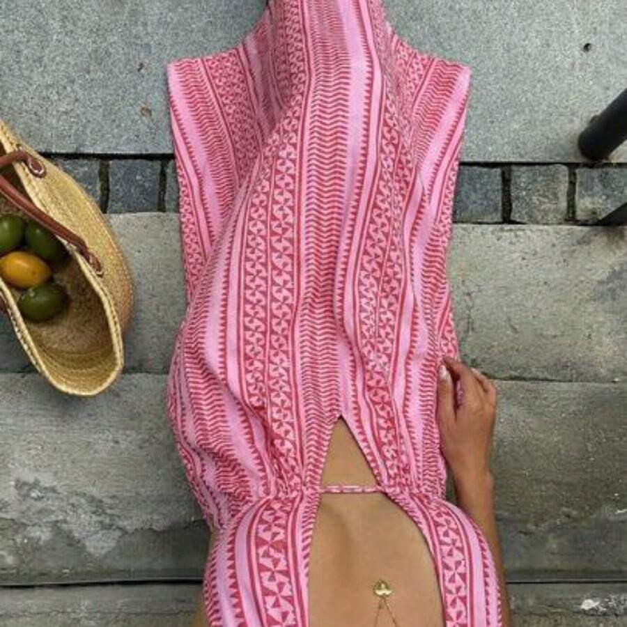 Nana's Women's Clothing Store  Vestido largo con cuello en V profundo, espalda descubierta y cintura con lazo en estilo línea A, elegante para mujeres en primavera/verano, boda, fiesta, minimalista, casual, uso diario - Rosa - Ver 1