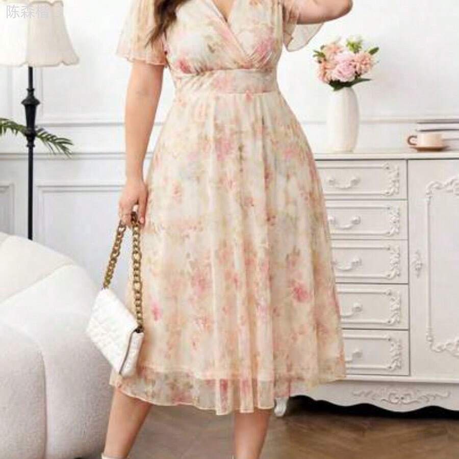 yonghongmaoyi1 Reflora Vestido floral elegante de talla grande, verano - Rosa - Ver 1