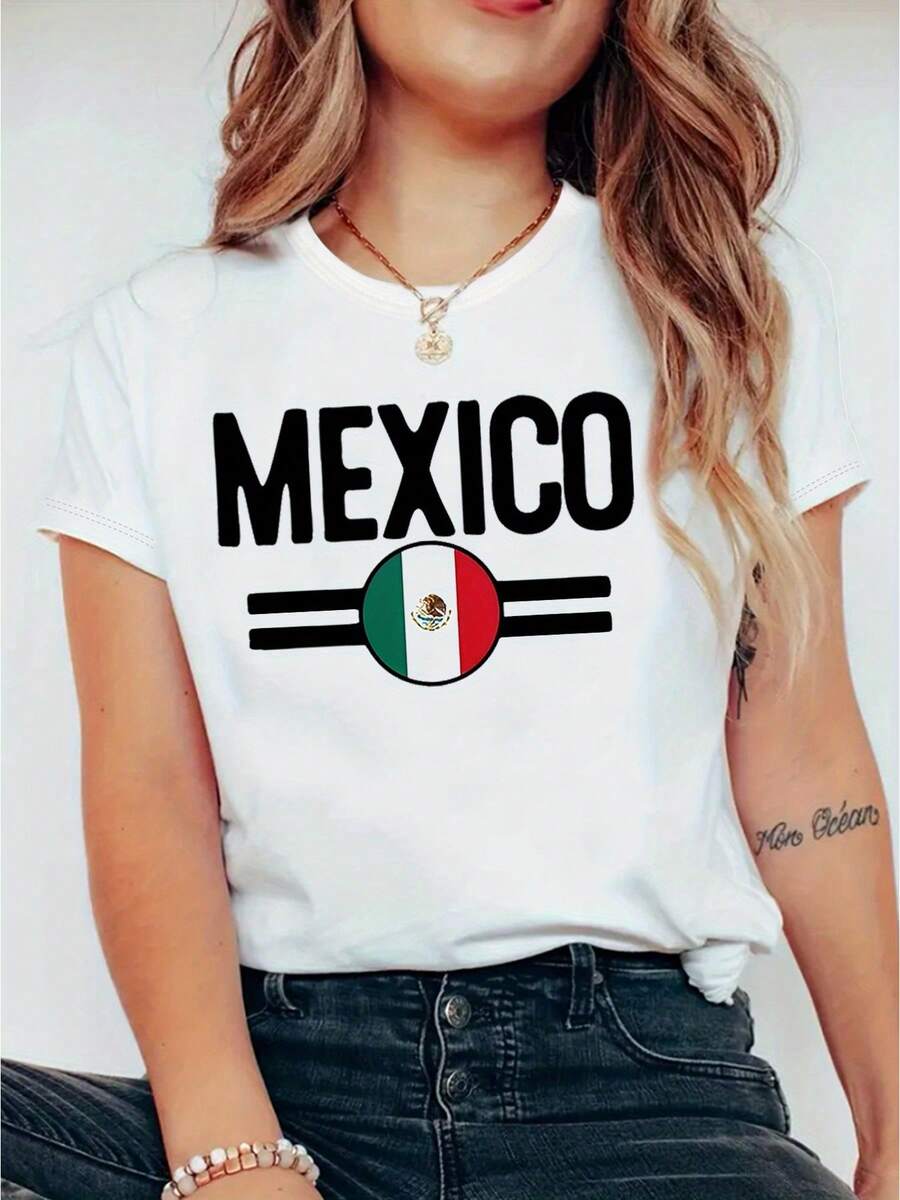 Camiseta de Mujer con Bandera de México y Símbolos Nacionales - Camiseta de Cuello Redondo con Estampado Cultural Mexicano, Tela Elástica No Transparente, Lavable a Máquina, Top Casual para - Negro - Ver 1