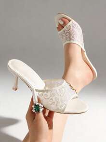 Sexy Lace Strap Slide Sandals For Women, Summer Open Toe High Heel Round Toe Mesh Slippers, Comfortable Outdoor Wear - White - View 10
