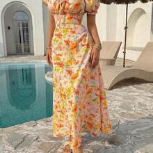 jianchaimaoyi02  Vestido largo con cuello cuadrado, mangas abultadas y fruncido, estilo coreano, con estampado floral naranja, para mujer. Vestido largo y ajustado, ideal para vacaciones, uso diario y streetwear de verano. - Rosa - Ver 6