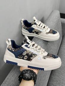 Men's Classic Leather & Mesh Patchwork Cartoon Pattern All-Season High-Top Sneakers, Outdoor Casual Skate Shoes, Preppy Style Everyday Plus Size Athletic Shoes - Milan - View 3