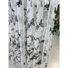 1pc White French Romantic Style Black Butterfly Embroidered Sheer Curtain, Semi-Transparent Pastoral Style, Rod Pocket Design, No Drawstring, Suitable For Living Room, Bedroom, Balcony, Office Home Decor, All Seasons - White - View 1