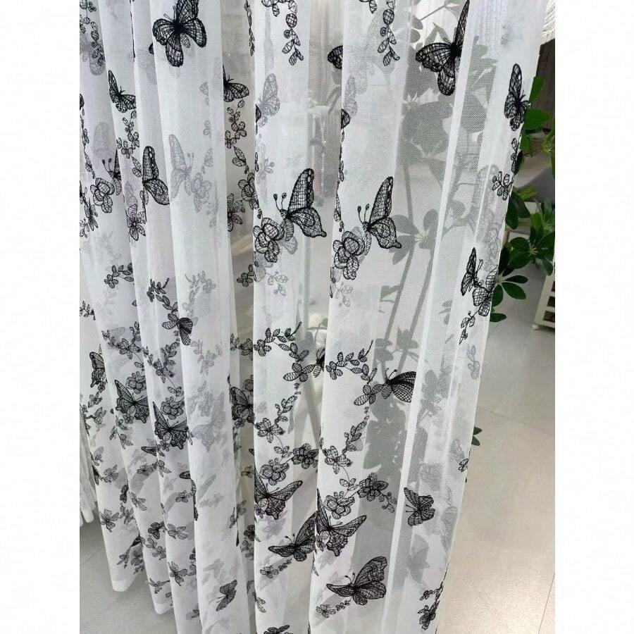 1pc White French Romantic Style Black Butterfly Embroidered Sheer Curtain, Semi-Transparent Pastoral Style, Rod Pocket Design, No Drawstring, Suitable For Living Room, Bedroom, Balcony, Office Home Decor, All Seasons - White - View 1