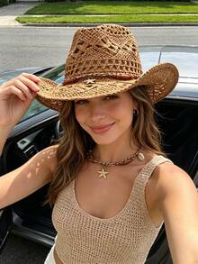 1pc Women's Outdoor Beach Western Style Sun Hat, Straw Hat, Jazz Hat, Bohemian Style Panama Hat, British Gentleman Hat, Suitable For Seaside Vacation And Travel (If The Hat Has Creases, Please Use An Iron To Iron It, And It Will Be Restored) - A - View 28