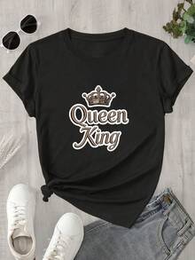 Camiseta de manga corta y cuello redondo para mujer con estampado del logo de Queen, apta para todas las estaciones. - Negro - Ver 1