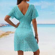 Beach Dress With Wave Design And Cutouts, Deep V-Neck, Elastic Waist, Beach Sarong. - Royal Blue - View 2