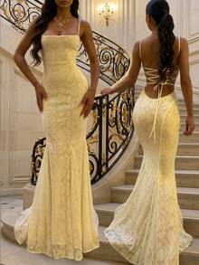 Elegant Charming Wedding Party Holiday Date Spaghetti Strap Dress, Elegant Dress Women, Elegant Dresses For Party, Wedding Guest Dresses, Summer Dresses For Women - Yellow - View 1