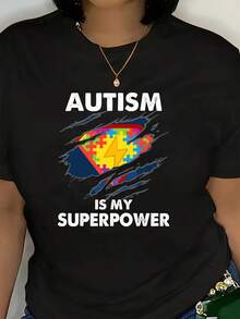 Talla - Camiseta de Concientización sobre el Autismo para Mujer - Camiseta con Estampado El Autismo Mi Superpoder y Diseño de Rompecabezas - Camiseta Suave y Transpirable para Uso Diario, para la Aceptación y el Orgullo del Autismo - Camiseta de Cuello Redondo Lavable aáquina, Adecuada para Adultos, Uso Casual - Camiseta Unisex de Algodón de Manga Corta y Cuello Redondo, Estilo Vintage Urbano - Negro - Ver 1