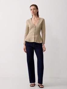 V-Neck Long Sleeve Knit Cardigan With Skirt Hem - Light Khaki - View 3