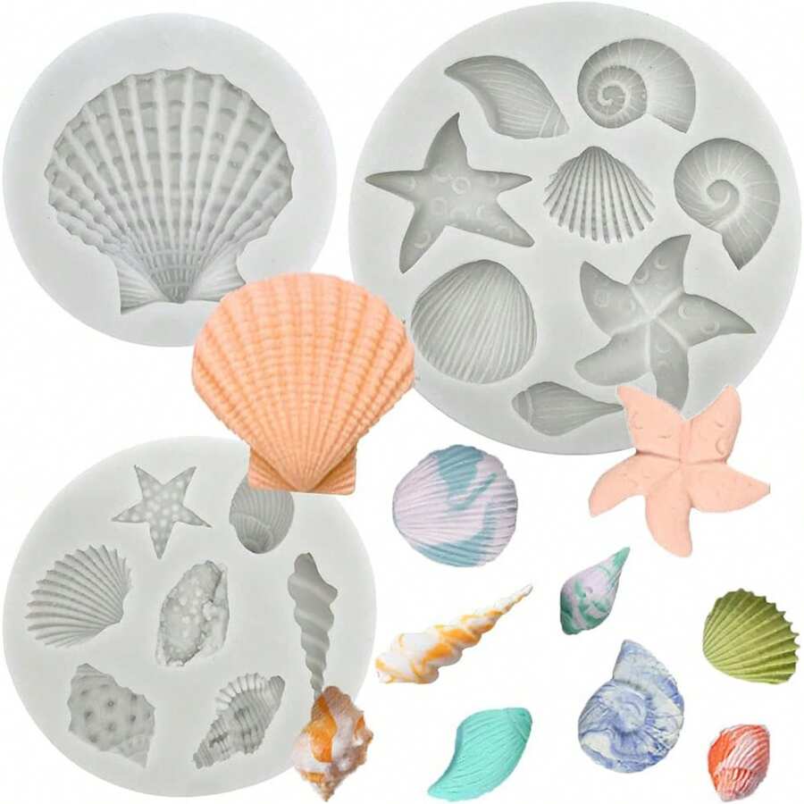 3pcs Ocean Theme Cake Gummy Silicone Molds Shell Conch Starfish Coral Baking Molds For DIY Cake Decoration Chocolate Candy Polymer Clay Craft Projects - Light Grey - View 1
