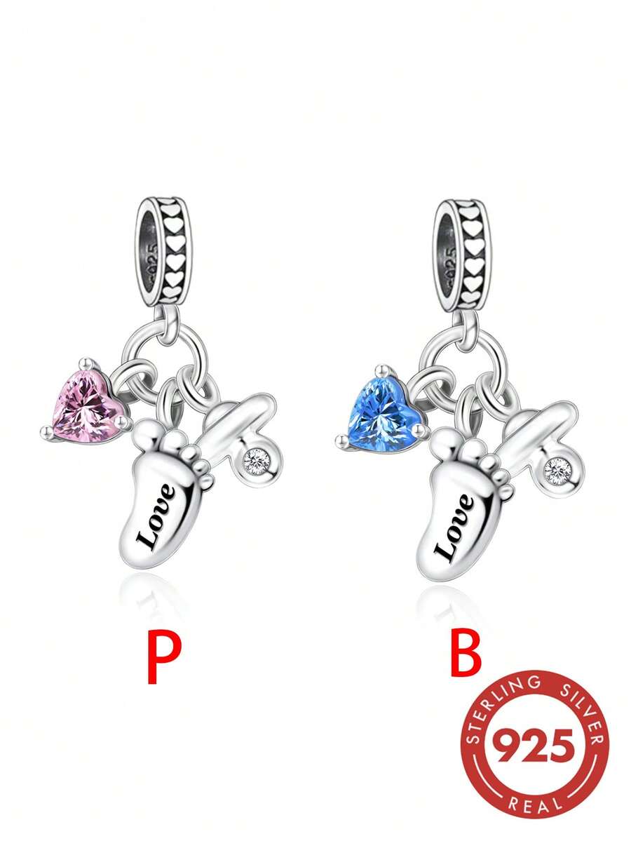 HuooNew 1pc 925 Sterling Silver Baby Footprint & Pacifier Cubic Zirconia Pendant Charm, "Love" Engraved Pink & Blue Heart Pendant, Compatible With European Bracelets, Newborn & Baby Baptism Jewelry Gift - Silver - View 1