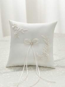 1pc Lace Pearl Bow Bridal Ring Pillow, Suitable For Various Wedding Decor - Embroidered Ring Pillow - View 3
