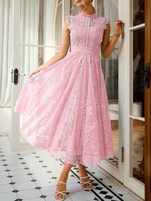 Women's Wedding Guest Dress, New And Elegant Fan-Shaped Lace Flared Dress, Retro Sleeveless Lace Dress, Suitable For Wedding Bridesmaid Dress, Evening Party, Casual Romantic Dates - 象牙白色 - 查看 4
