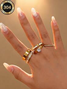 Znice 2026 New Stainless Steel 18K Gold Plated French Minimalist Personalized Full Rhinestone Flower Ring Set, Stackable Or Single Wear, Suitable For Party, Gift, Daily Wear, Various Occasions, Durable Jewelry, Waterproof And Non-Fading, For Beach Vacation - Gold 10 - View 3