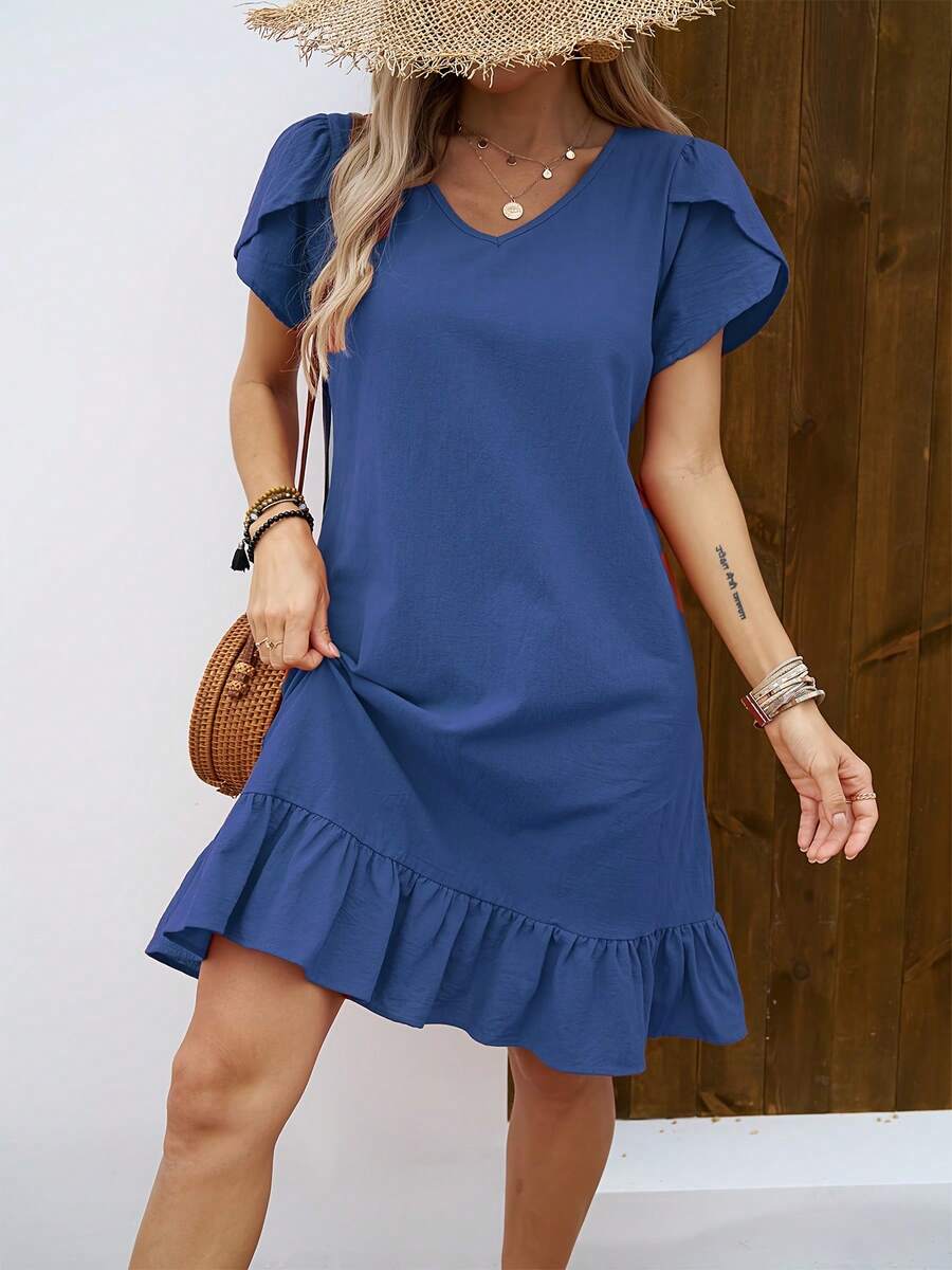 Vestido de Mujer con Cuello en V, Mangas de Concha y Volantes - Azul - Ver 1