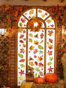 Approx. 56pcs/6sheets - Autumn Maple Leaf Static Window Decals, Thanksgiving Autumn Window Stickers, Autumn Maple Leaf & Acorn Window Decals, Home Autumn Decor - Reusable Glass Static Window Decals - Autumn Leaves, Flowers, Pumpkin Window Decals, Outdoor Office Autumn Decor, Thanksgiving Friends Gathering Supplies, Thanksgiving Birthday Supplies, Thanksgiving Harvest Decor - A - View 2
