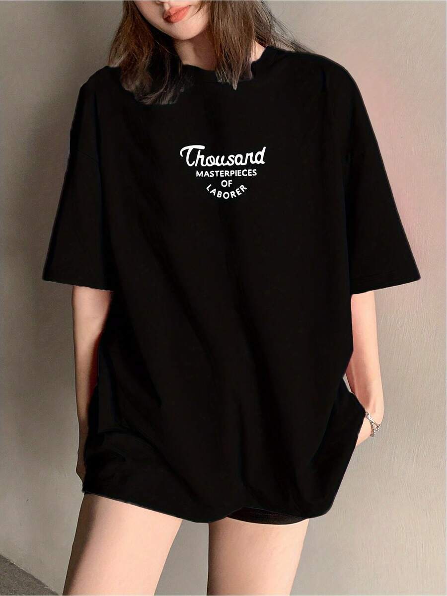 Cómodo T-shirt negro estampado casual modero estilo urbano gráficos artsy para mujer 100% algodón oversized fashion diario  S/M/L/XL/XXL ropa femenina  2023 - Negro - Ver 1