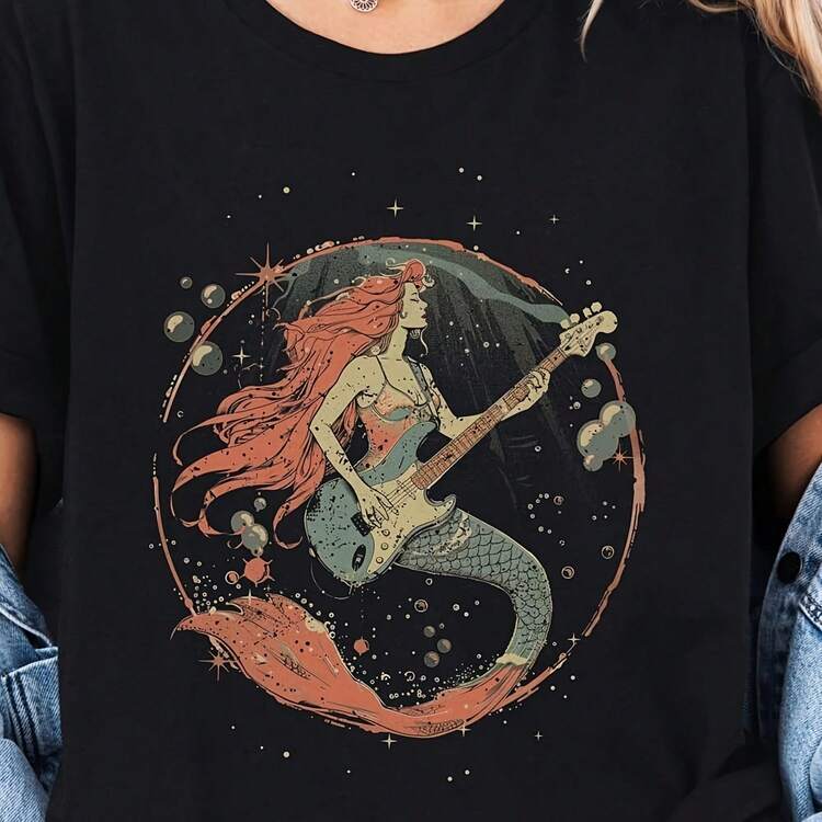 Oversized Mermaid Guitarist T-Shirt Witchy Grunge Graphic Tee - Negro - Añade 1