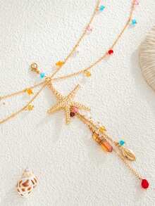 1pc Fashionable Elegant Sexy Thin Chain Colorful Rhinestone Starfish Pendant Bikini Body Chain, Simple Personalized Versatile Starfish Multi-Pendant Thin Chain Tassel Chest Chain Suitable For Women's Daily And Vacation Wear (Colorful Rhinestone Color, Quantity, And Position Are Random) - Gold - View 3