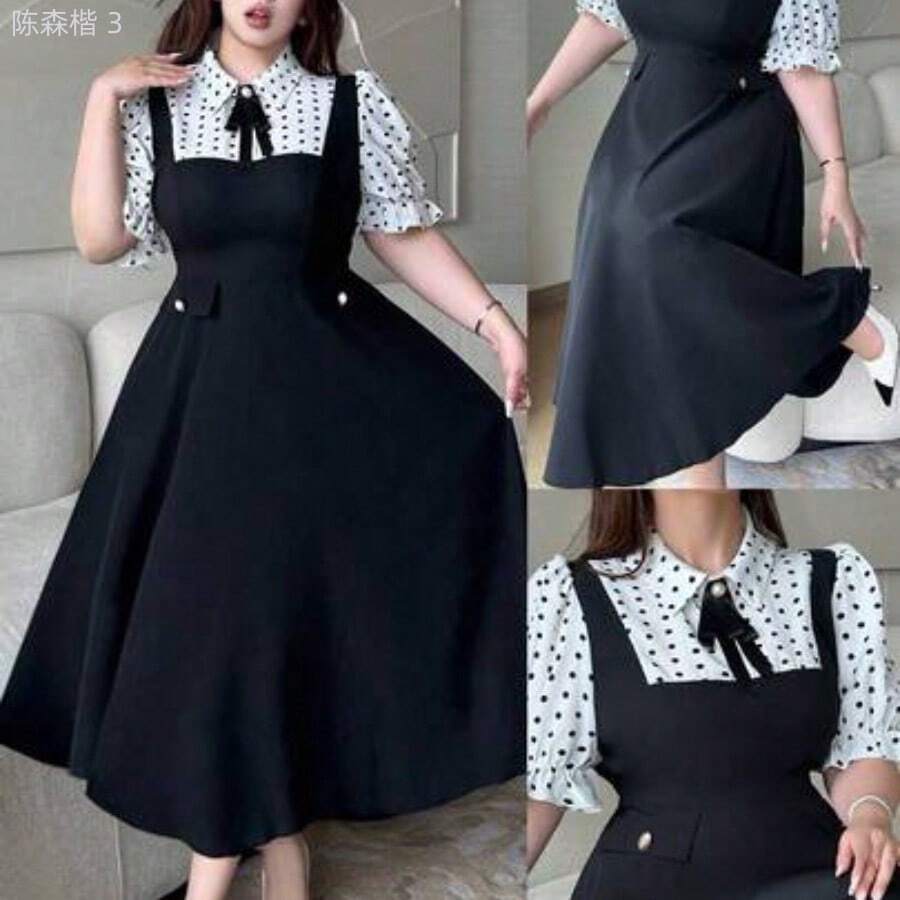 yonghongmaoyi1 Vibekara Vestido midi de línea A elegante y vintage casual con cuello vuelto, manga corta, botones de contraste de color y lunares para mujer de talla grande - Blanco y Negro - Ver 1