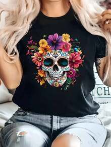 2026 Women's T-Shirt With Mexican Skull And Flower Print - Inspired By Day Of The Dead, Casual Short Sleeve Crew Neck, Machine Washable Mexican Style Blouse For Spring, Summer, Autumn, Parties, Daily Wear And Day Outfits - 黑色 - 查看 1