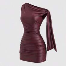 LunaCass8  Nuevo vestido mini de verano de ajuste ceñido con cuello asimétrico, cintura fruncida y detalles de volantes laterales, en tela elástica con revestimiento de color vino tinto, adecuado para club, fiesta, cóctel y uso diario - Burdeos - Ver 2