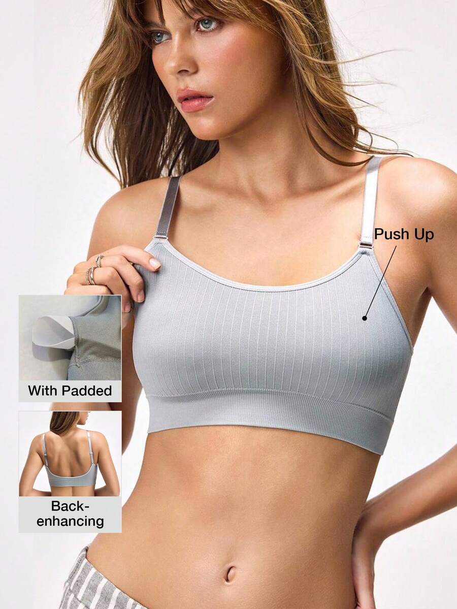 LOUNGEISTA Ribbed Seamless Padded Comfortable Invisible Backless Push Up Shockproof Sports Bra For Workout, Workout Bra - Grey - View 1