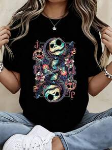 Disney Jack Skellington  T Shirt Black Halloween Pumpkin Skeleton Print For Women And Men Casual Wear Party Outfit - 黑色 - 查看 1