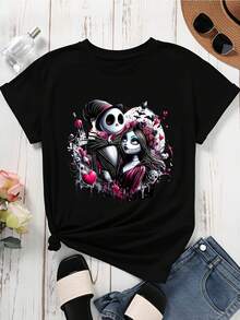 Disney Women Casual T Shirt  Jack Skellington And Sally Black Heart And Flowers Print For Halloween Party And Daily Wear - Black - View 3