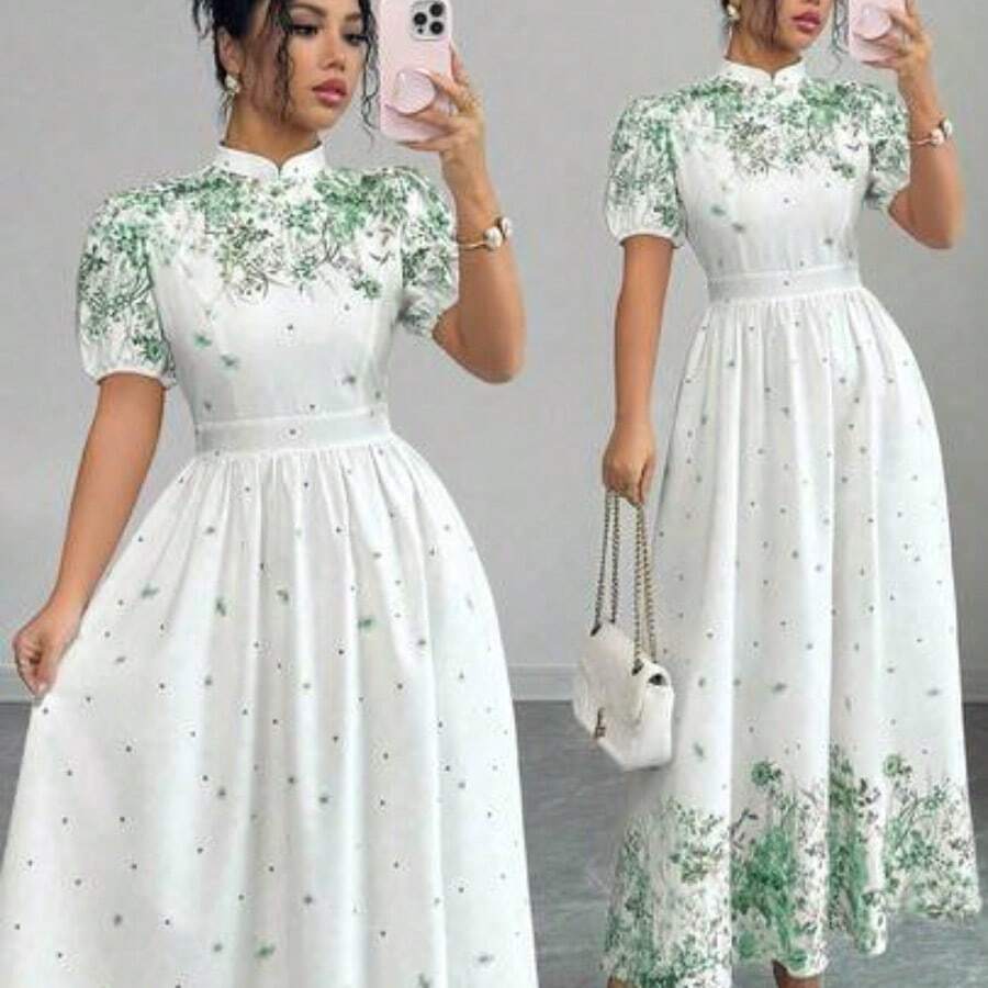 LunaCass8 Vestido de verano de mujer con estampado floral elegante, cintura ceñida y mangas abullonadas - Verde - Ver 1