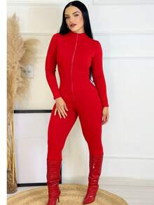 Elegant Women's Virginia Jumpsuit, Seersucker Fabric, With Zipper, Long Sleeves, Suitable For Winter And All Seasons. - 紅色 - 查看 2