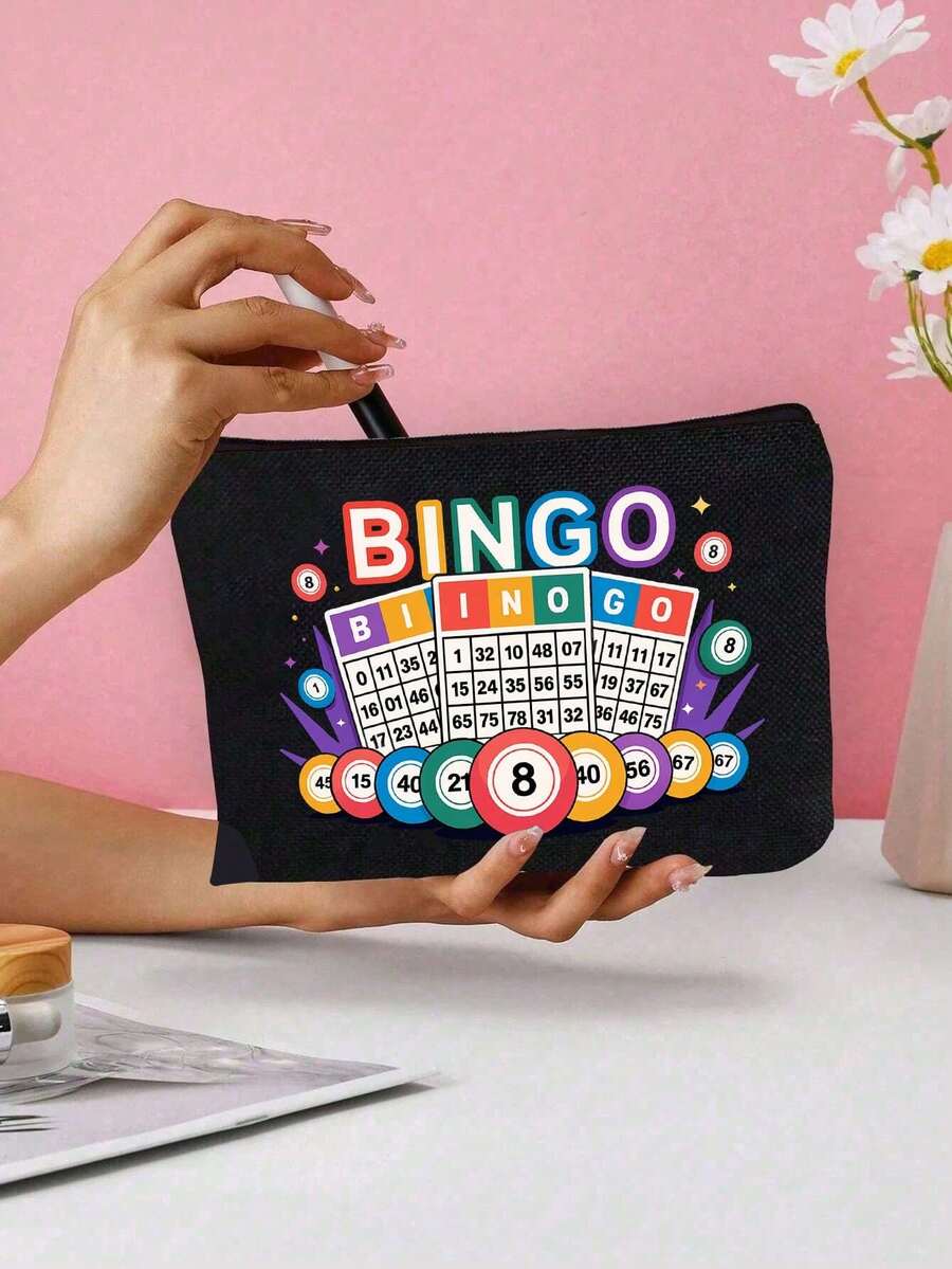 "Bingo"字母印花旅行盥洗包，卡通趣味多功能帆布包，充電器收納包，旅行必備化妝包：女孩旅行生存包，男女通用拉鍊包，化妝品、彩妝與旅行必備輕便收納包，適合青少年的完美禮物，生日與旅行配件，節日禮物，母親節禮物 - 彩色 - 查看 1