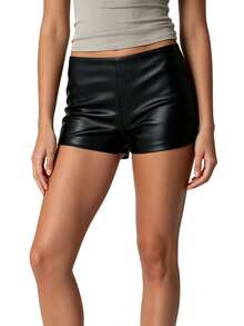 Womens Mini PU Leather Shorts Casual Stylish Solid Color Zip Side Mid Rise Shorts For Daily Life Party And More - Black - View 6