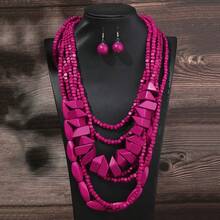 Bộ 2 món vòng cổ và bông tai phong cách Bohemian màu đỏ hồng trơn vân gỗ xếp lớp, phụ kiện đa năng cho đi làm hàng ngày và hẹn hò - Xanh đậm - Xem 15