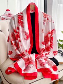 1件女款仿絲花卉印花春/秋季時尚百搭披肩旅行圍巾日常裝飾 - 紅白色 - 查看 2