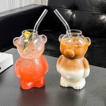 320ml/10.8 Oz 高硼矽玻璃熊造型杯附吸管套組，咖啡杯、早餐牛奶杯，可重複使用，適用於冰咖啡、果汁、水果茶等，聚會必備配件 - 彩色 - 查看 4