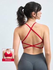 Loungeista 1 chiếc áo ngực thể thao nữ dệt kim gân không đường may gợi cảm, không gọng, dây chéo lưng hở cho mùa hè - Đỏ - Xem 2