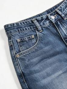 Women's Casual Straight Leg Loose Fit Jeans With Pockets, Fashionable Straight Jeans, Washed Denim Loose Fit Jeans, Vintage Casual Style, Wide Leg And High Waist For Everyday Wear, Comfortable, Stretchy And Suitable For All Seasons - 藍白色 - 查看 6