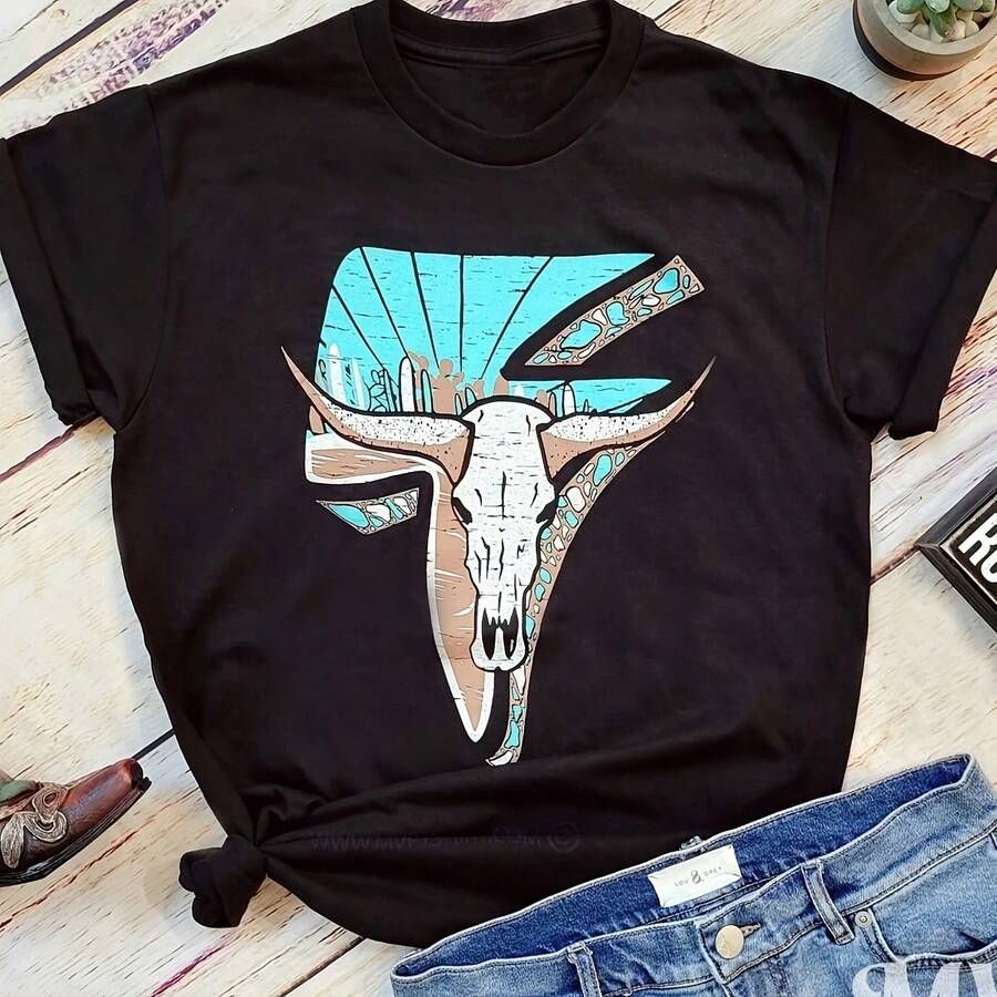 Lightning Cow Skull Shirt, Western Graphic Tee, Bull Skull Shirt, Country Music Shirt, Rodeo Queen Shirt, Western Shirt Wo - Negro - Ver 1