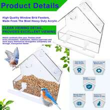 Comedero de pájaros para exteriores con ventosas fuertes, diseño transparente, resistente a la intemperie, adecuado para exteriores, jardín, balcón y otros lugares. - Talla única para todos - Ver 6