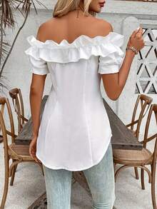 Plus Size - Plus Size - Women's Plus Size T-Shirt, Solid Color, Ruffles And Off Shoulder, Short Sleeve - 白色的 - 查看 2