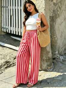 Loose Striped Wide Leg Pants, Casual Drawstring Waist Trousers For Women, Relaxed Style, Suitable For Spring, Summer, Autumn - Red - View 5