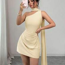 abyoxi Vestido mini ajustado con cuello asimétrico y cintura fruncida para mujer, elegante y de moda, adecuado para vacaciones, fiestas en la playa, bodas, festivales, graduaciones, fiestas, etc. Falda ajustado elástica para primavera y verano DG - Rosa - Ver 2