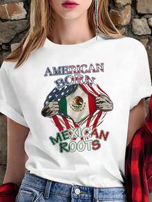 Playera Blanca de Mujer con Gráfico de American Born Mexican Roots, Camiseta de Bandera de México y EUA Aesthetic Manga Corta, Top Moderno de Orgullo Mexicano, Blusa Casual de Identidad y Ra - Negro - Ver 1