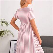 WNST
  Vestido casual de maternidad de manga corta con rayas, para verano - Verde - Ver 3