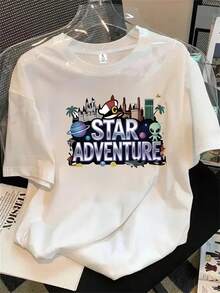 Camiseta de manga corta con cuello redondo para mujer, con estampado del logotipo de Stellar Adventure, ideal para todas las estaciones. - Blanco - Ver 1