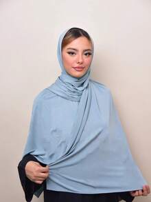 1pc Women's Minimalist Classic Solid Color Elegant Casual Scarf, Premium Knit Modal Jersey Hijabs Scarf, Long Scarf Style Turban Headwrap, Suitable For Daily Life, Travel And Gatherings - Baby Blue - View 2